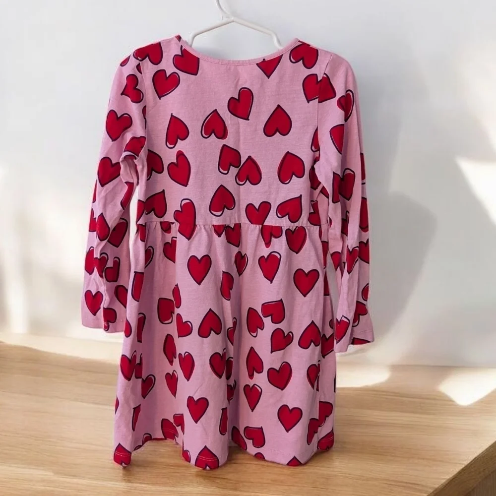 H&M Pink Girls Dress with Red Heart Pattern Casual Cotton Size 4-6